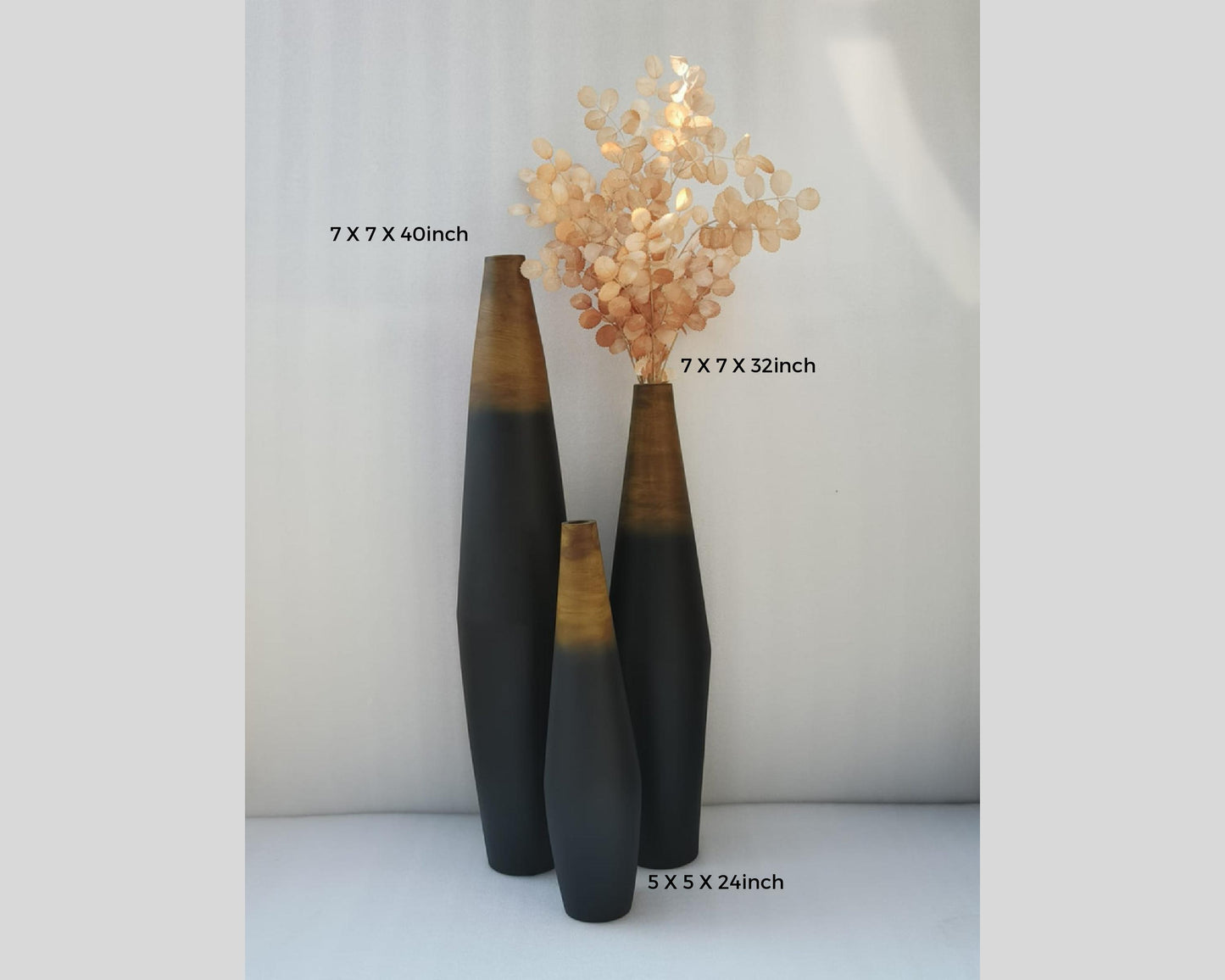 Mustard Decorative Wooden big, Tall, Artificial floor vase Drum Shape - Set of 3