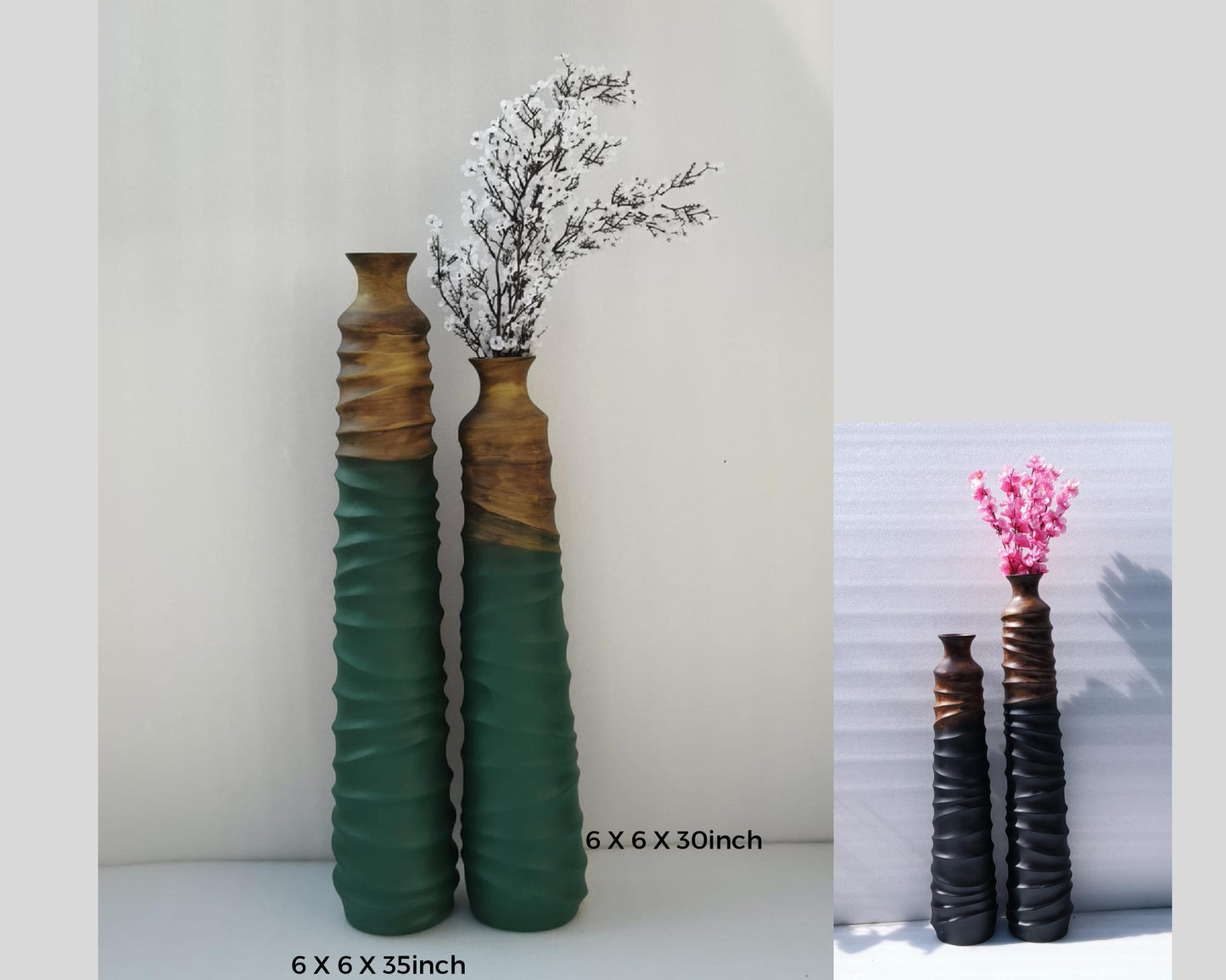 Modern Designer Green GOld Black Decorative big, Tall, Artificial floor vases for living room - Set of 2