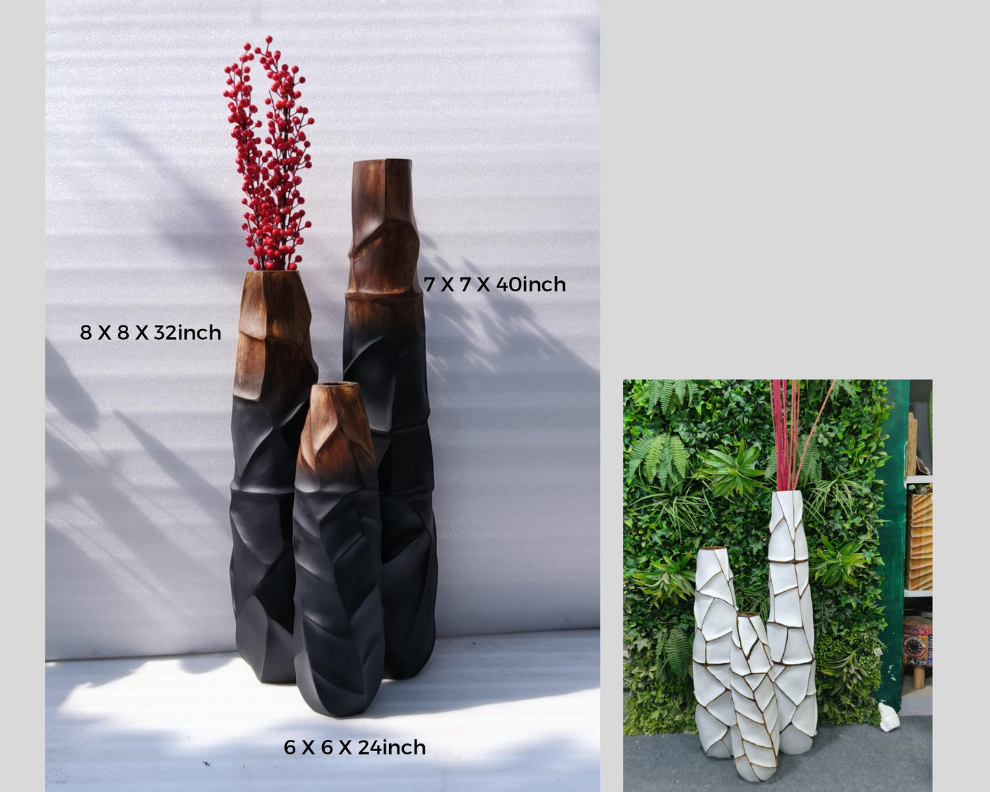 Classic Contemporary Black Copper White big Extra Large, Artificial floor vases for living room - Set of 3