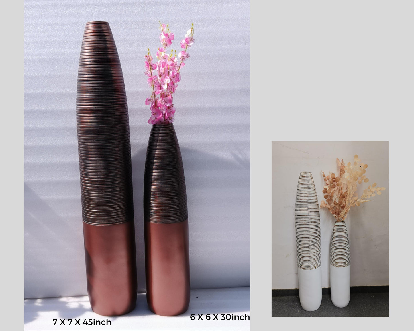 Designer Contemporary Black Copper White big, Tall, Artificial floor vases for living room - Set of 2