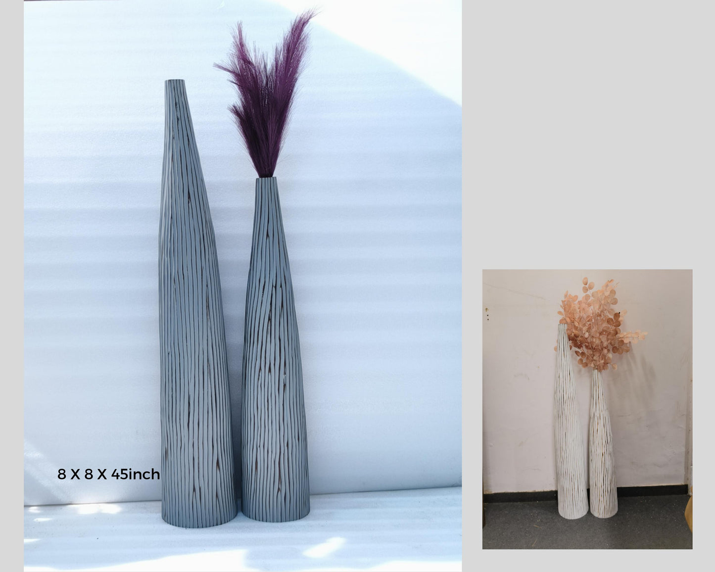 Grey White big, Tall, Artificial floor vases for living room - set of 2