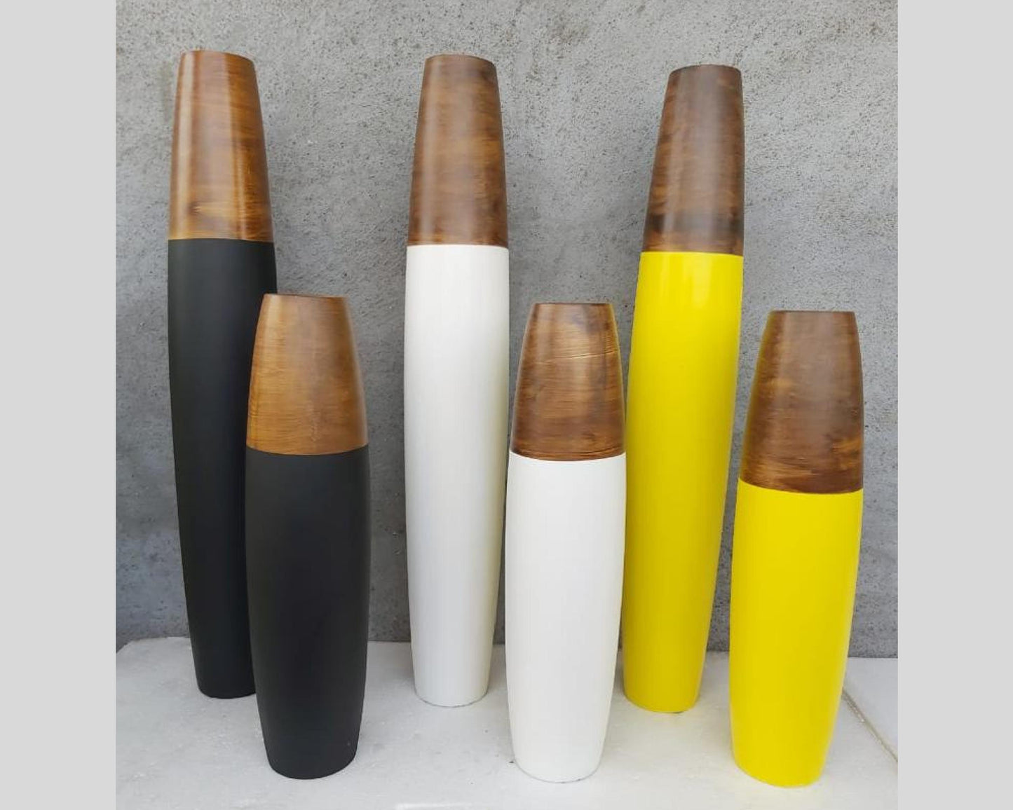 Contemporary Drum Shaped Wooden big, Tall, Artificial floor vases for living room - Black White Yellow - Set of 2