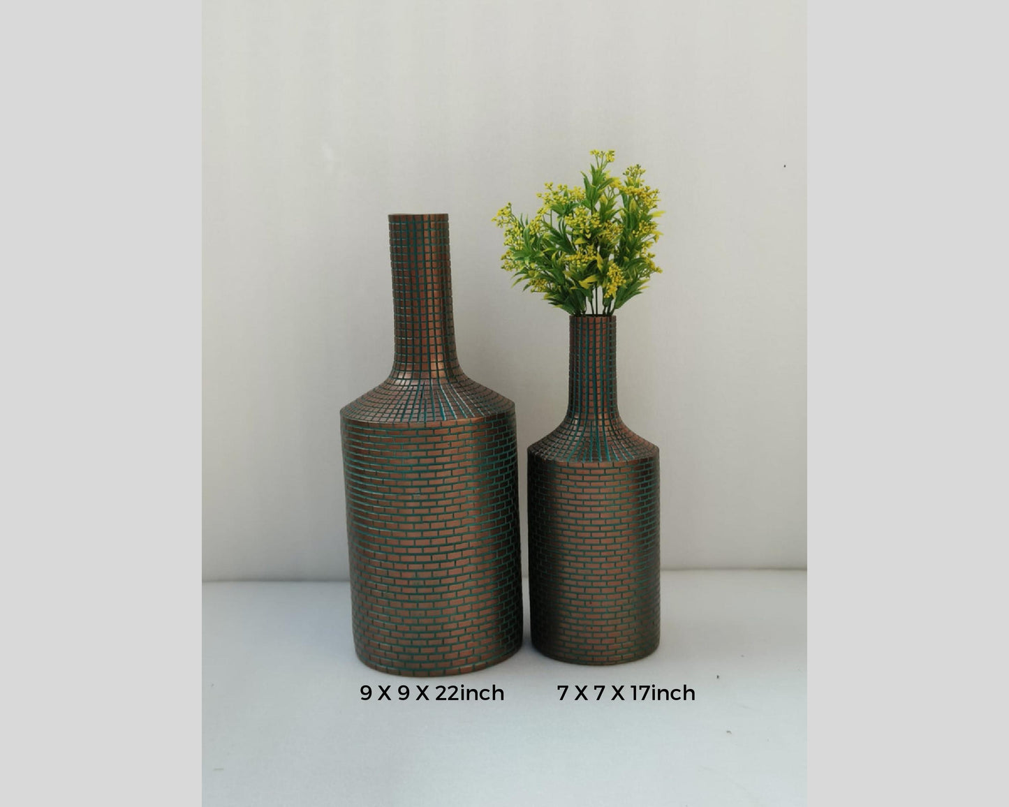 Decorative Wooden big, Copper Green Artificial floor vase Mallet Shaped - Set of 2
