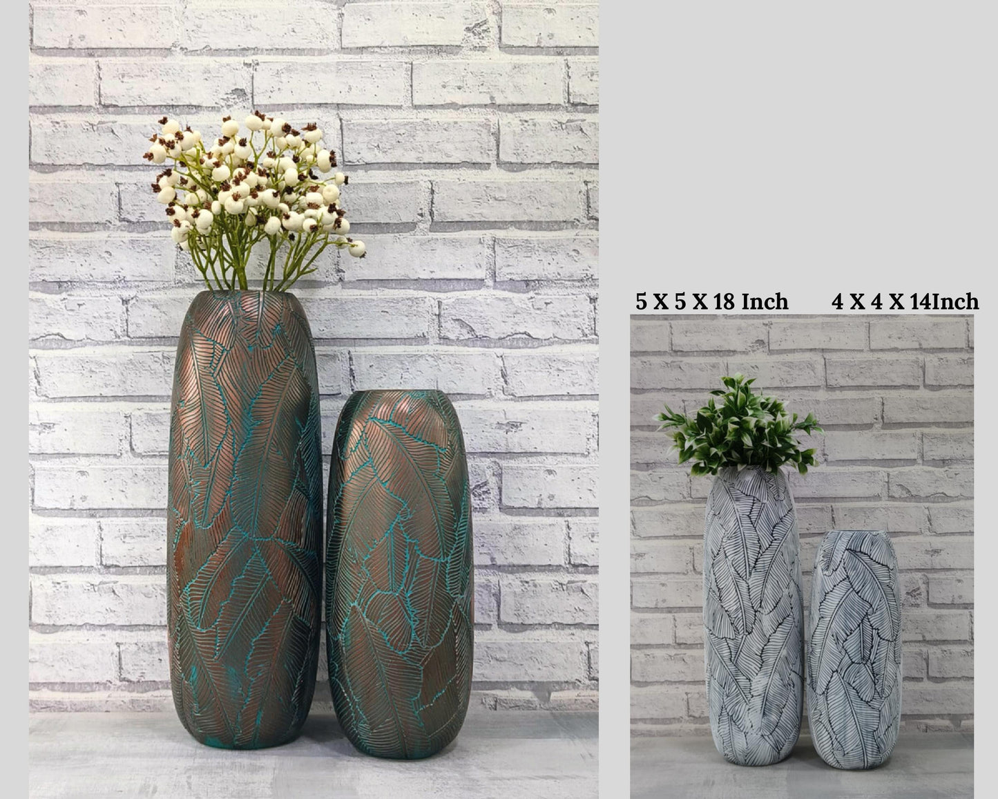 Modern Green Copper White big, Tall, Artificial floor vases for living room - Set of 2