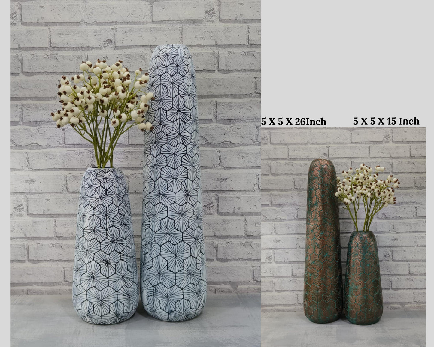 Modern Designer Wooden Decorative big, Tall, Artificial floor vases for living room - White Gold - Set of 2