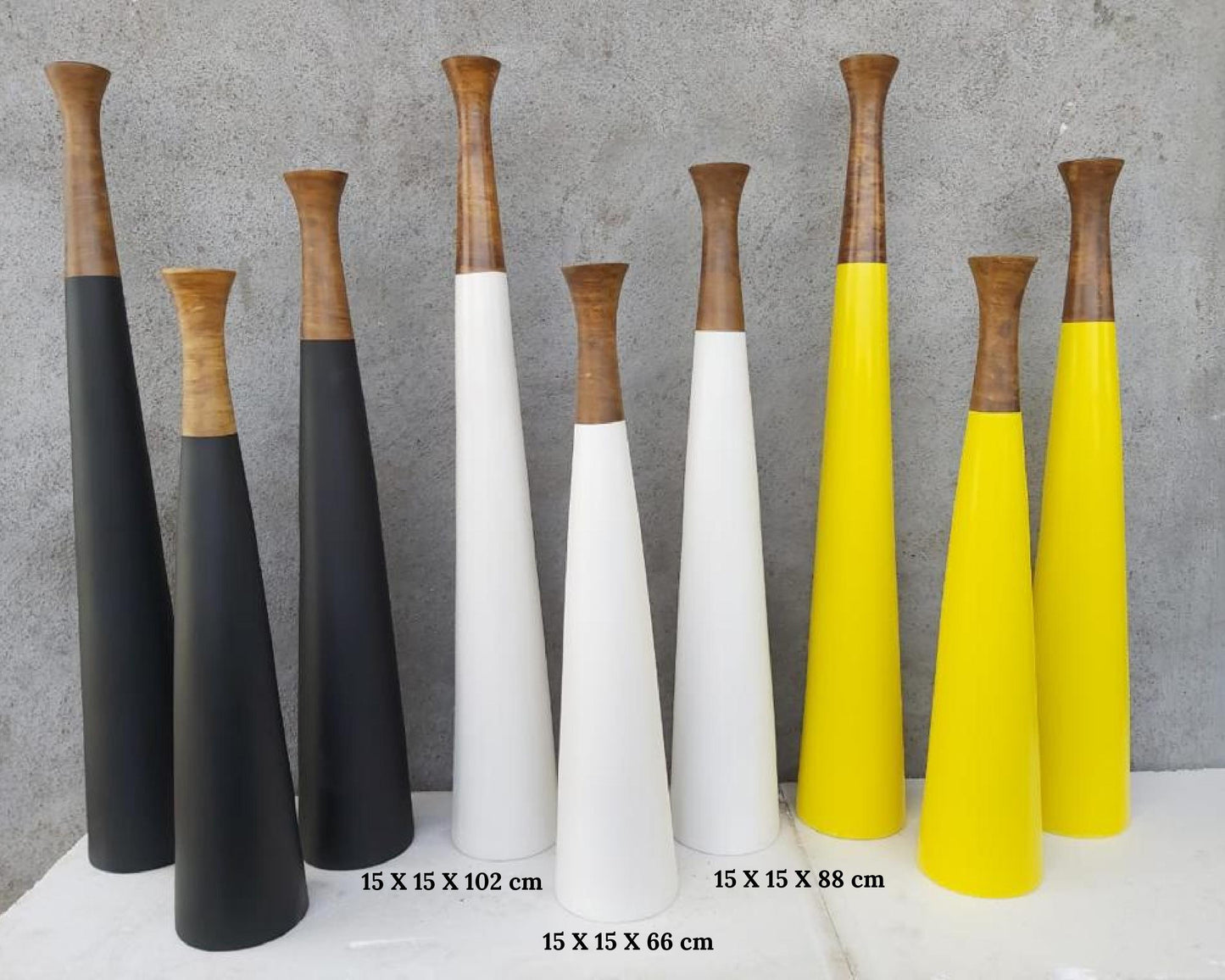 Artificial floor vase for living room Cone Shape - Black White Yellow - set of 3 pieces