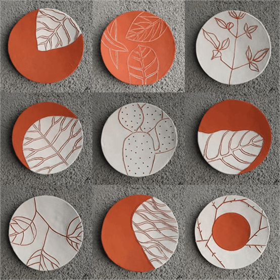 Divine Symbols Round Shape Dish Terracotta Wall Mural- set of 9