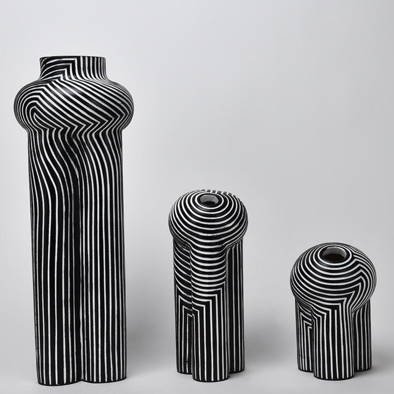 Boho Style Black & White Stripe ceramic vase
