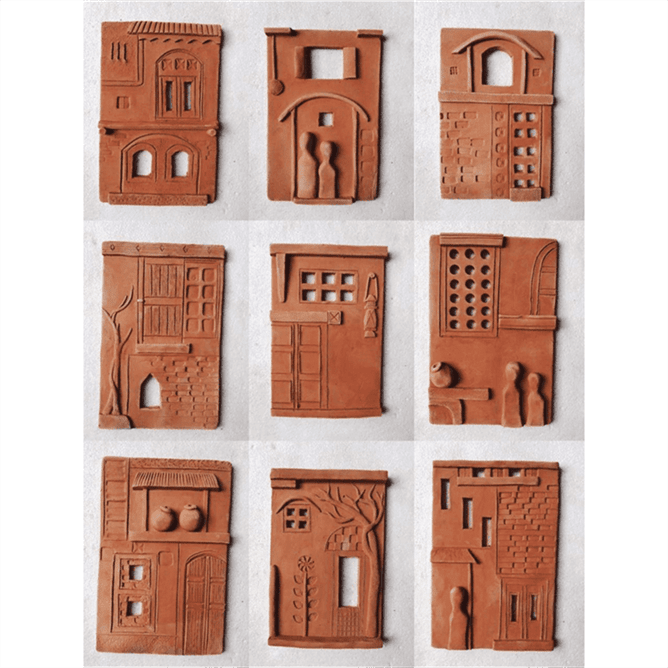 Nature-Inspired Village House Terracotta Wall Mural- set of 9