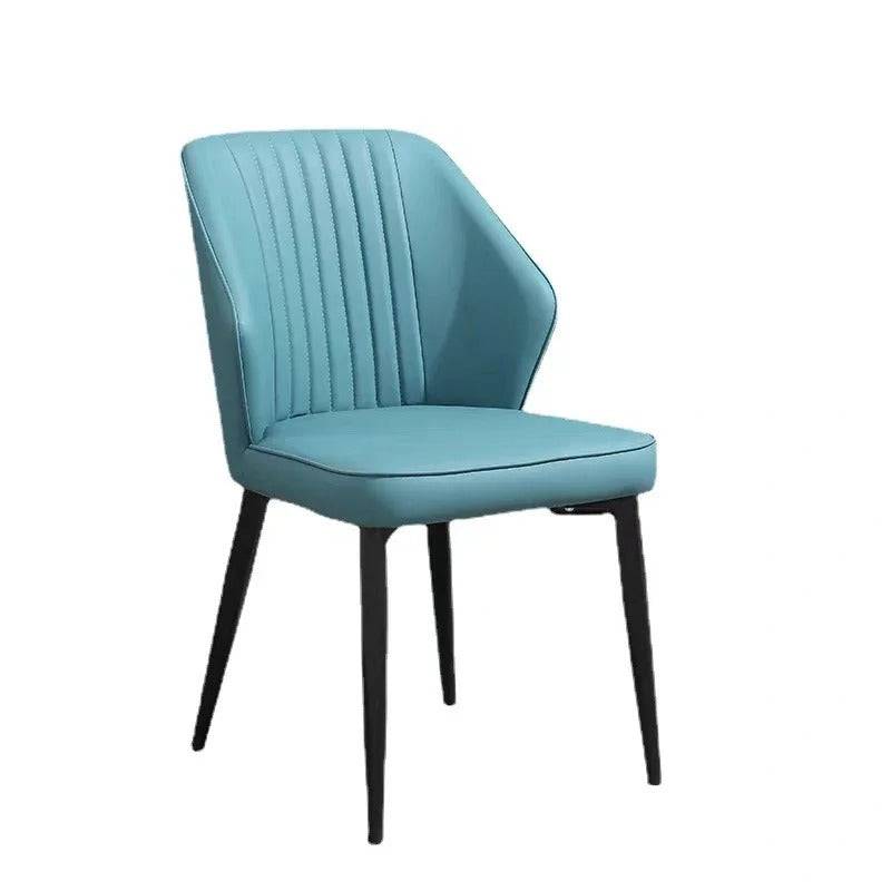a blue upholstered chair with black legs
