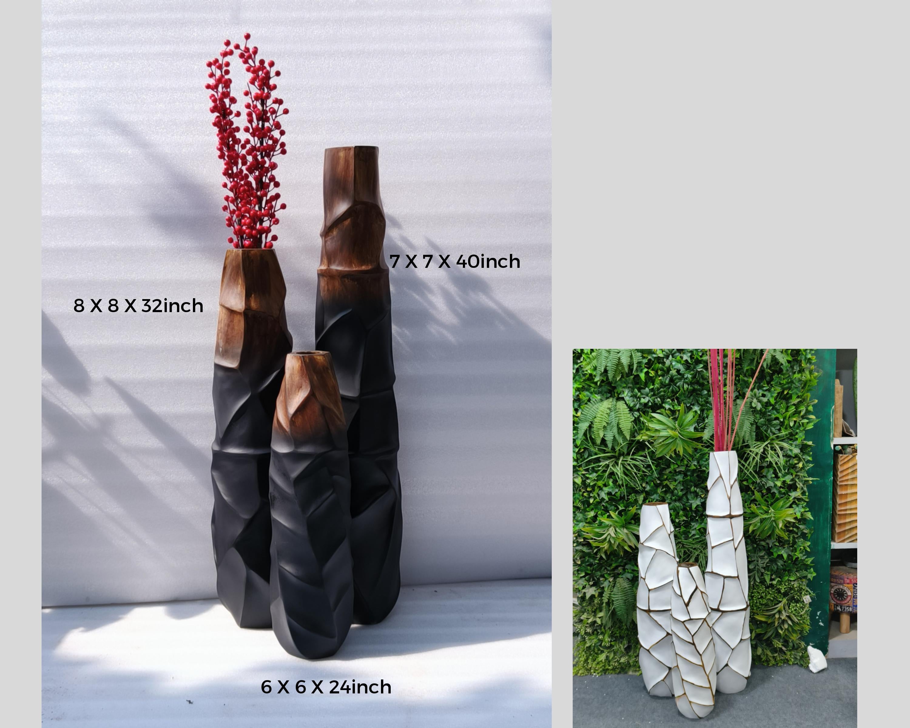 Classic Contemporary Black Copper White big Extra Large, Artificial floor vases for living room - Set of 3