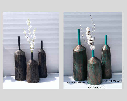 Ceramic Decorative Tall, Artificial floor vases Mallet Shaped - Black green copper brown  - Set of 3