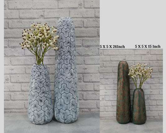 Modern Designer Wooden Decorative big, Tall, Artificial floor vases for living room - White Gold  - Set of 2
