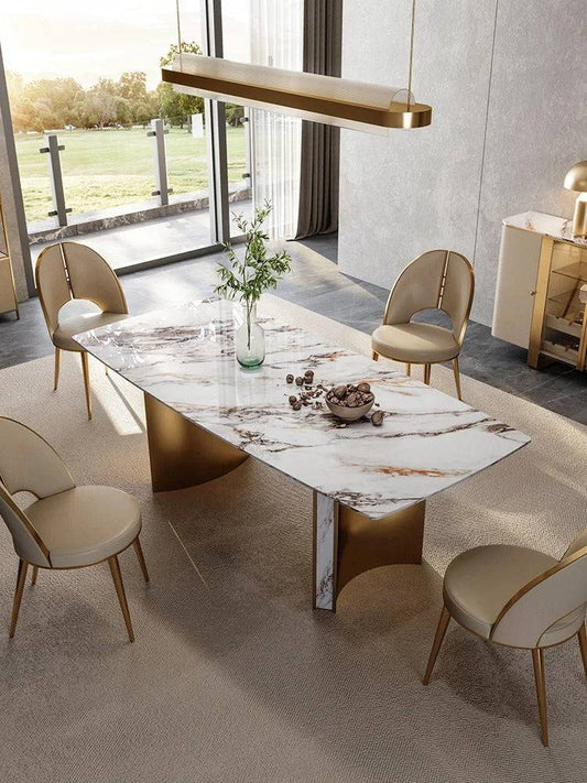European Inspired Golden Marble Metal Inlay Italian Dining Table 6 seater
