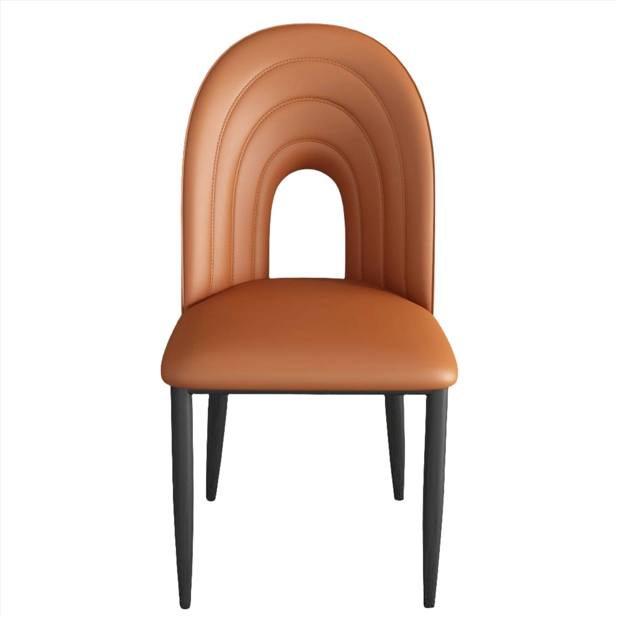 a brown chair with a curved back and black legs