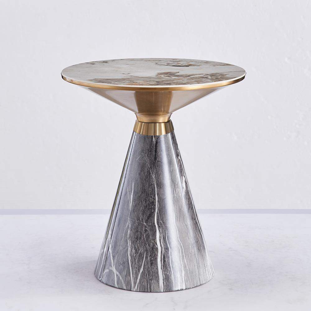 Gray & Gold Hourglass-Shape sofa marble side table with Stone Top & Stainless Steel Base
