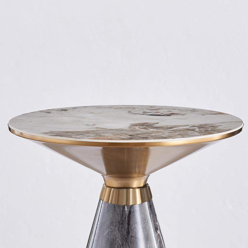 Gray & Gold Hourglass-Shape sofa marble side table with Stone Top & Stainless Steel Base