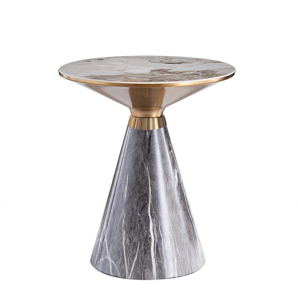 Gray & Gold Hourglass-Shape sofa marble side table with Stone Top & Stainless Steel Base