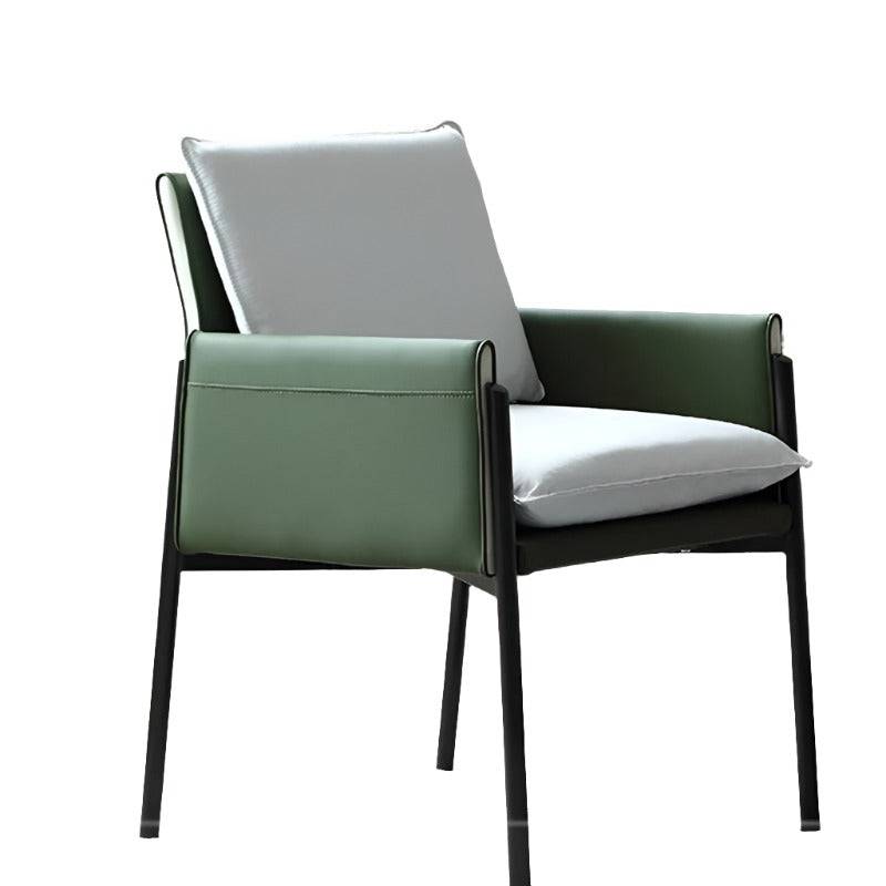 a green and white chair with a black frame