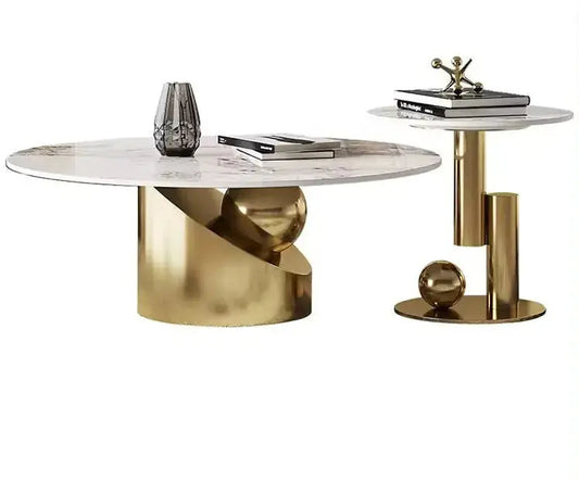 a table with a marble top and a gold base