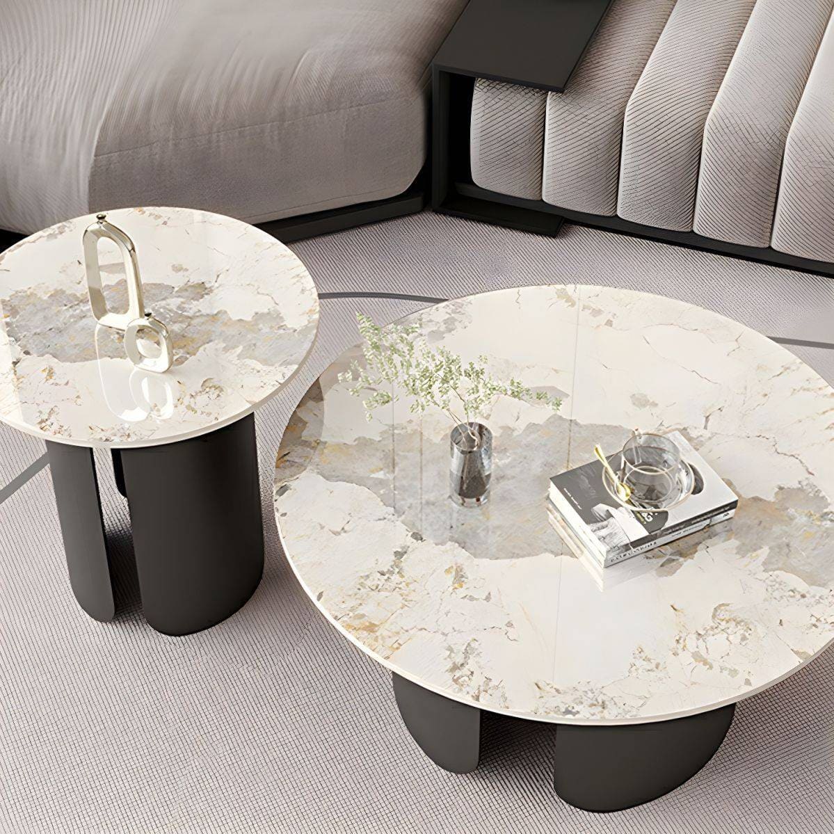 a marble coffee table sitting on top of a white rug