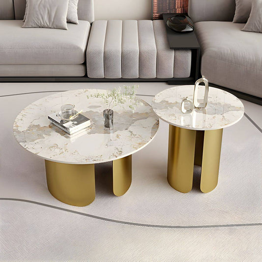 a living room with two tables and a couch