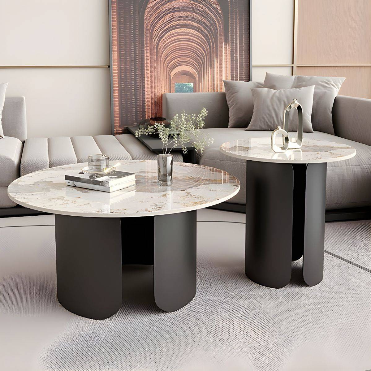 a living room with two tables and a couch