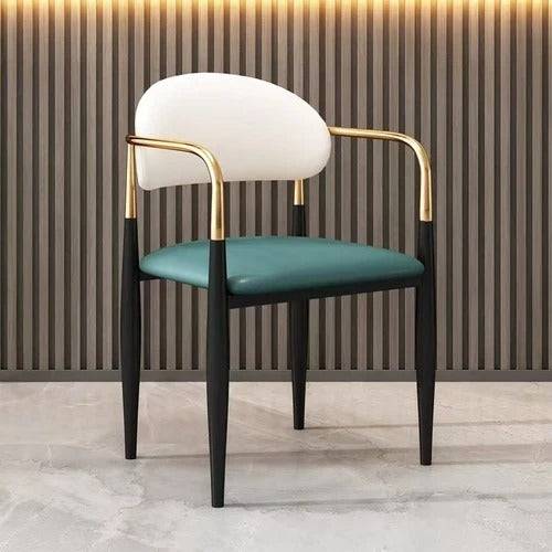 a chair with a green seat and a gold arm rest
