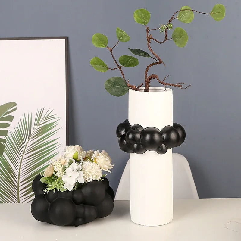 Cloud Shape Abstract Black and White Ceramic Vase - set of 2