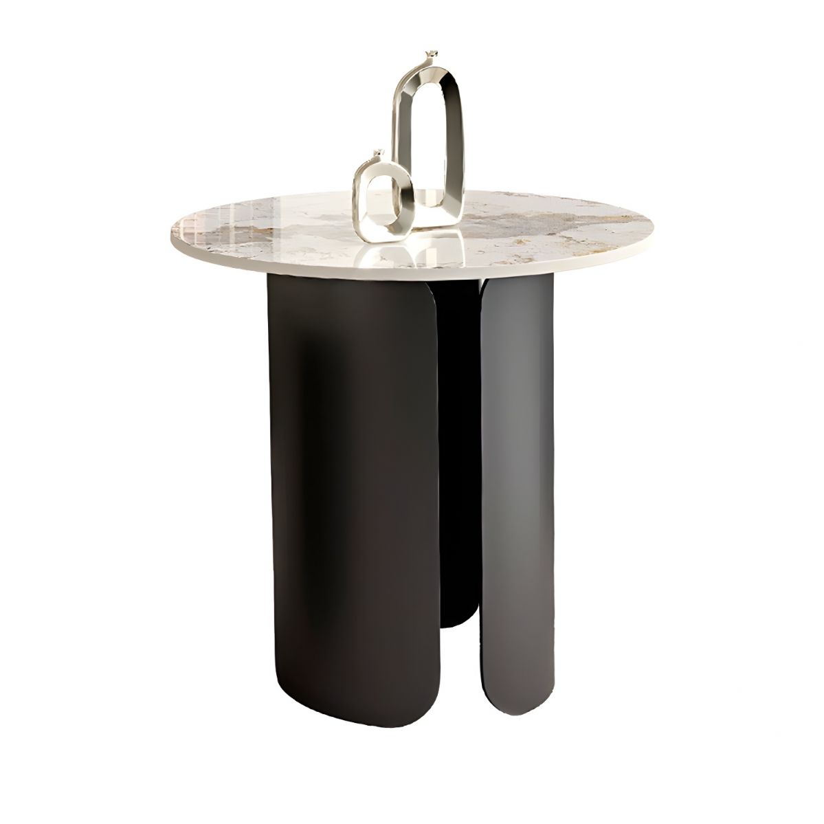 a table with a marble top and two metal legs